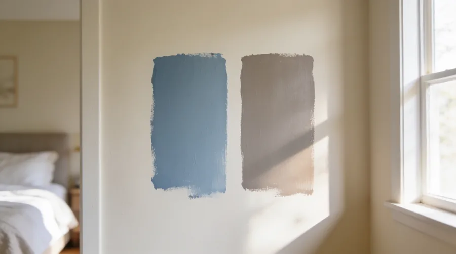 Two paint sample patches on a bedroom wall in daylight, one muted blue and one warm neutral, being compared