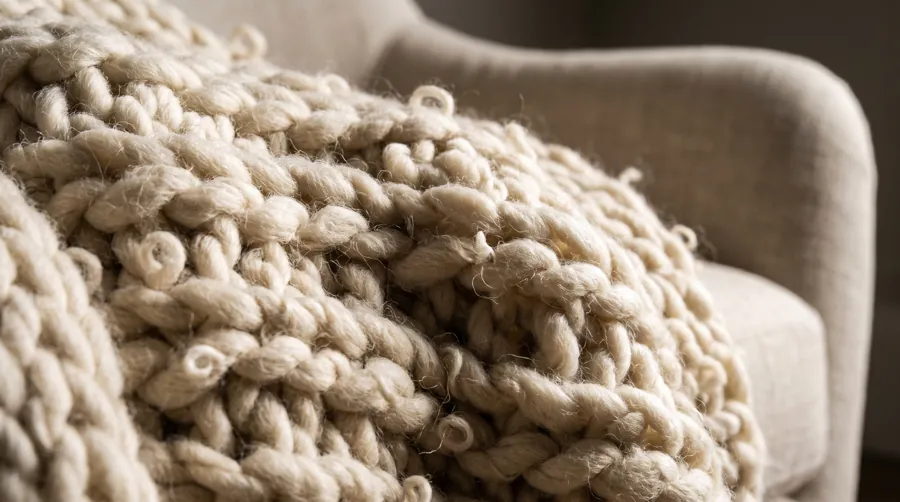 chunky knit throw blanket draped over sofa for cozy home decor texture