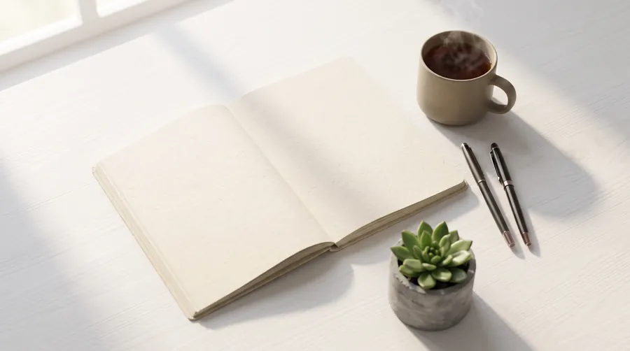 Various gratitude journals and writing supplies laid out on a desk ready to use