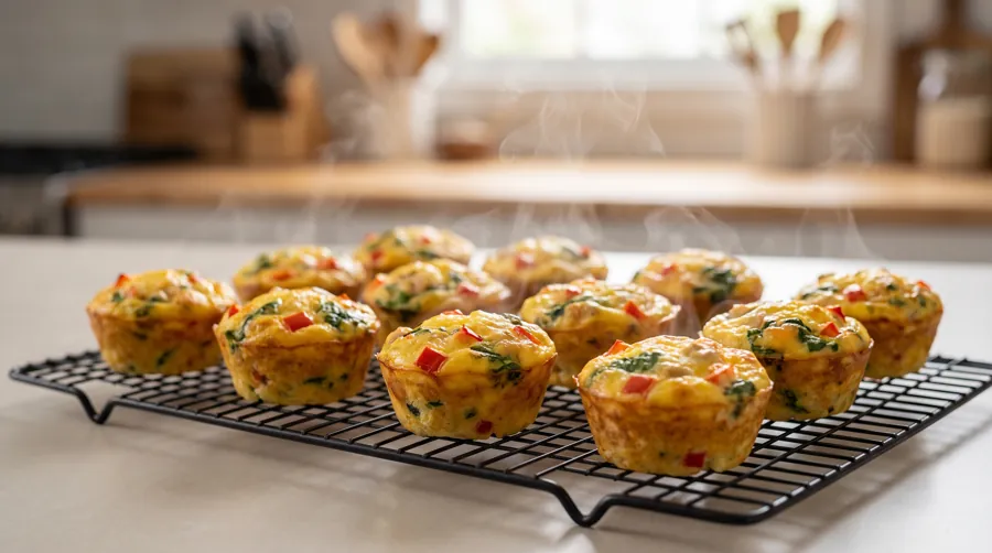 turkey and egg muffin cups cooling on a wire rack, high-protein breakfast meal prep
