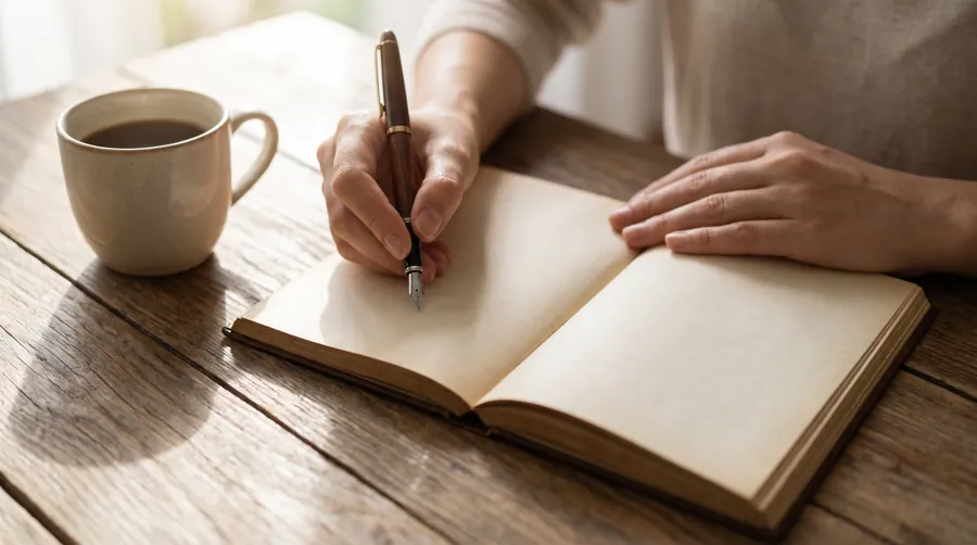 person journaling at a wooden desk in morning light as part of a soft life routine