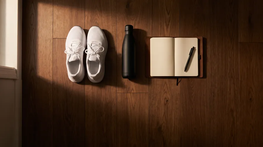 Workout gear and a notebook laid out the evening before to prepare a morning exercise habit