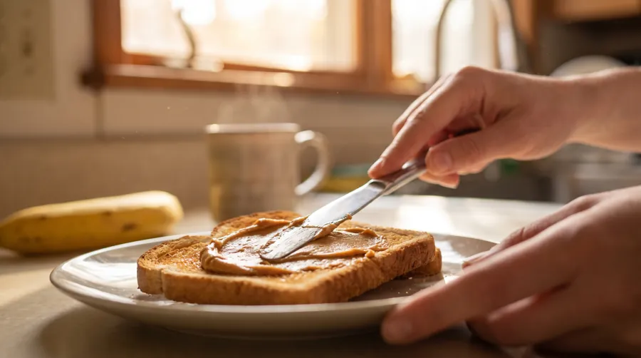 quick two-ingredient morning breakfast of whole grain toast with peanut butter on a kitchen counter