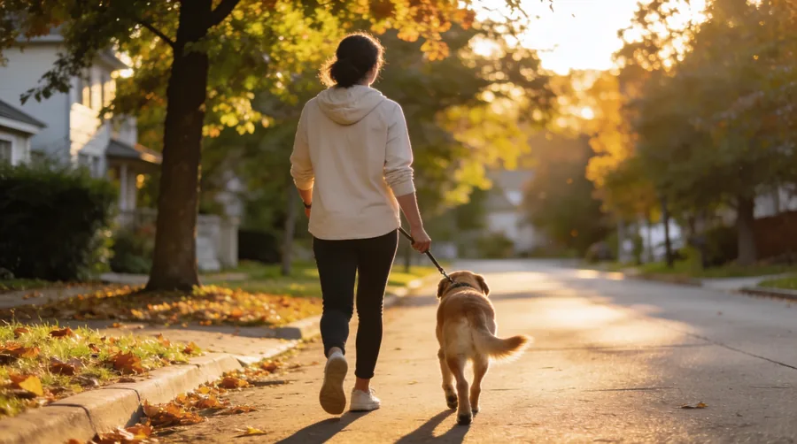 person walking a dog on a quiet residential street in the early evening